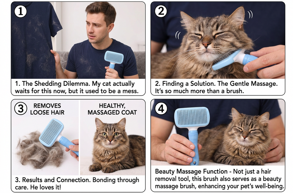 Self-cleaning pet hair removal brush storyboard showing loose fur grooming and push-button brush use