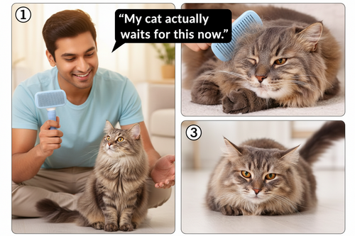 Cat being gently groomed with a self-cleaning pet hair removal brush
